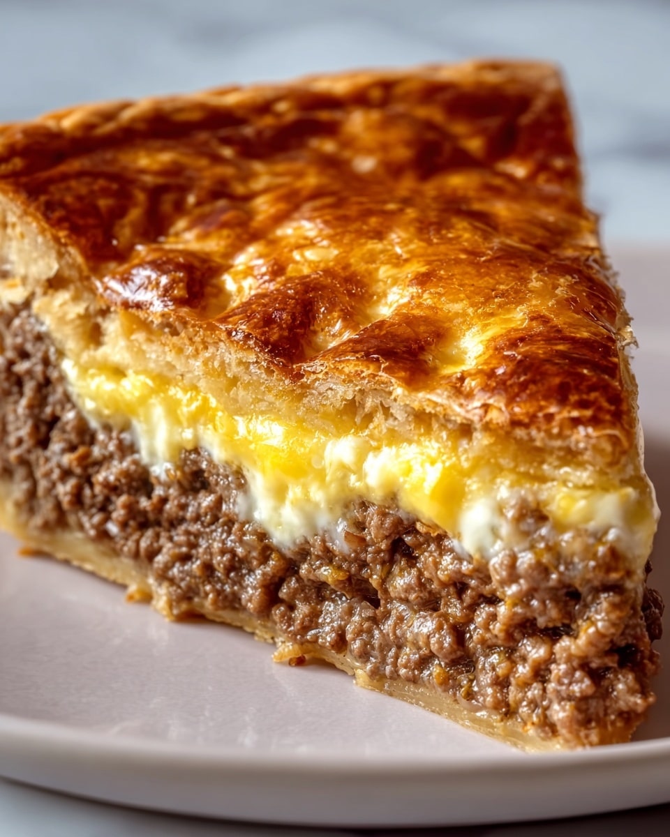 A close-up view of a slice of meat pie on a white plate with a speckled design, placed on a white marbled surface. The pie has three visible layers: the bottom layer is a golden brown crust, the middle layer is a thick, chunky filling of cooked ground beef in brown color, and the top layer is a melted cheese with a browned, crisp surface showing an inviting glaze. The background is blurred with hints of green, likely salad, adding color contrast to the rich pie slice. Photo taken with an iphone --ar 4:5 --v 7
