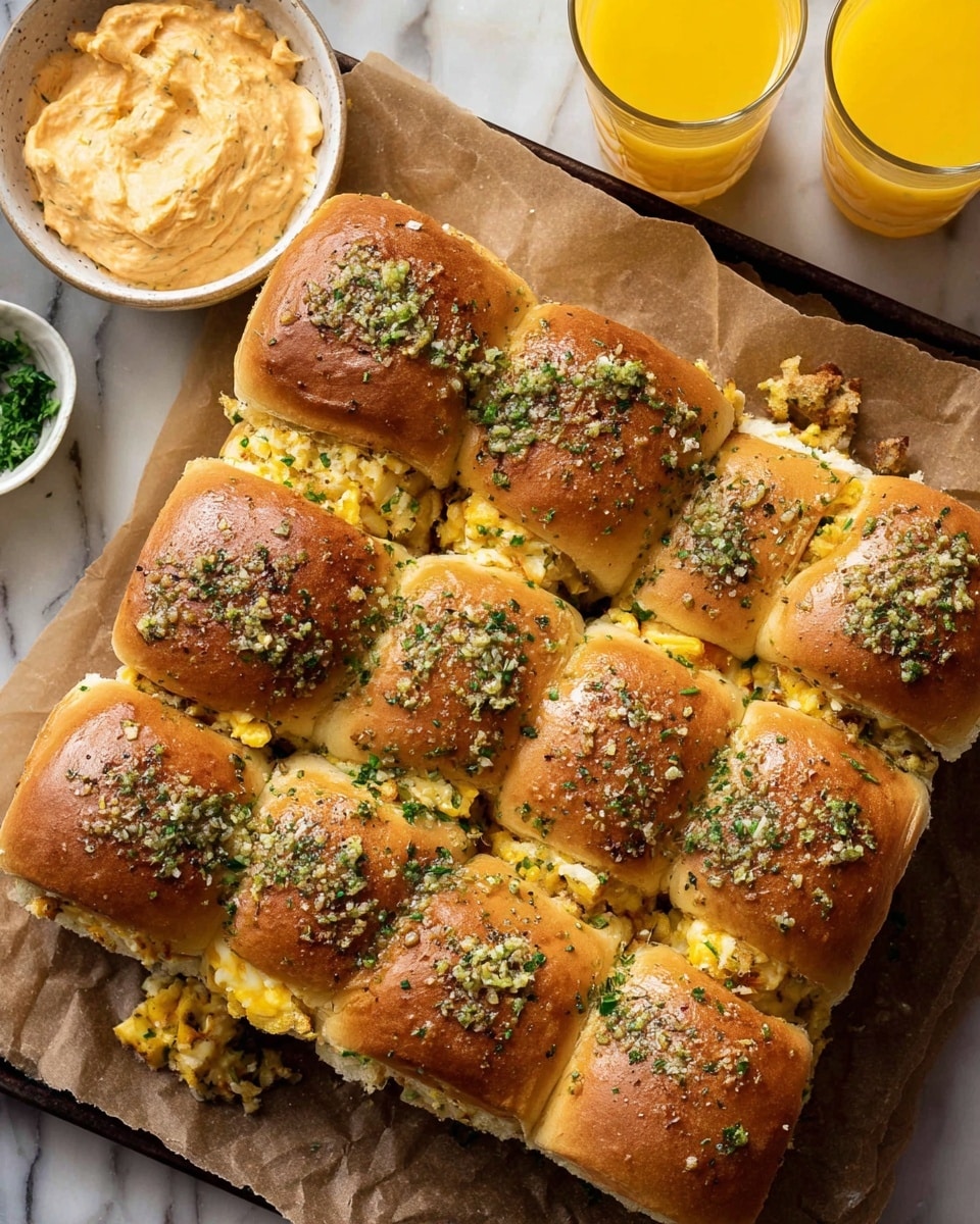 A square set of twelve connected baked sandwich rolls sits on a piece of brown parchment paper, each golden-brown roll topped with a finely chopped green herb and garlic mixture. The rolls have a shiny texture from the topping and are slightly puffed and soft. Between the layers of the rolls, there are visible melted cheese and hints of scrambled eggs peeking out. To the top left, there is a small white bowl filled with a creamy orange dip with herbs mixed in. On the top right corner, there are two clear glasses filled with bright orange juice. The background features a white marbled surface. photo taken with an iphone --ar 4:5 --v 7