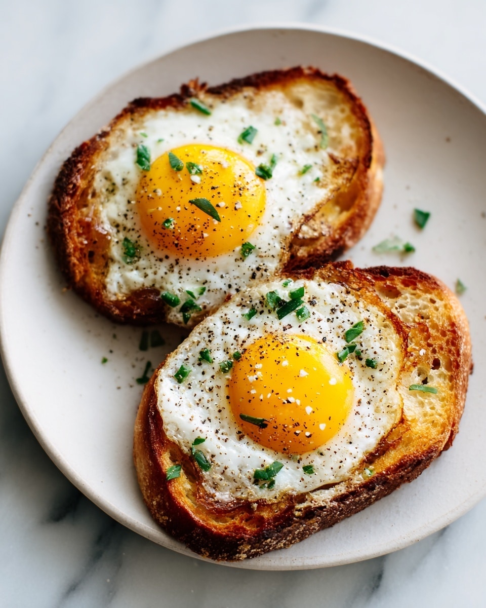 Two slices of toasted bread sit on a white plate, each topped with a sunny-side-up egg. The bread is golden brown with a crisp texture, showing some darker toasted edges. The eggs have bright yellow yolks in the center, surrounded by smooth, white cooked egg whites. Small bits of green herbs are sprinkled on top of the eggs, along with a light dusting of black pepper. The plate rests on a white marbled surface. photo taken with an iphone --ar 4:5 --v 7