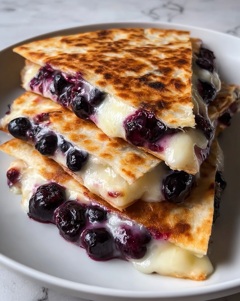 The image shows three golden brown quesadilla slices stacked on a white plate, each filled with melted creamy cheese and whole blueberries. The top layer is a crispy, light brown tortilla with slightly darker spots from cooking. Inside, the rich white cheese blends with dark purple, glossy blueberries, some of which are slightly bursting, revealing their juice. The quesadilla pieces are arranged in a way that highlights the gooey texture of the melted cheese and the juicy fruit filling against the warm, toasted tortillas. The plate sits on a white marbled surface. photo taken with an iphone --ar 4:5 --v 7