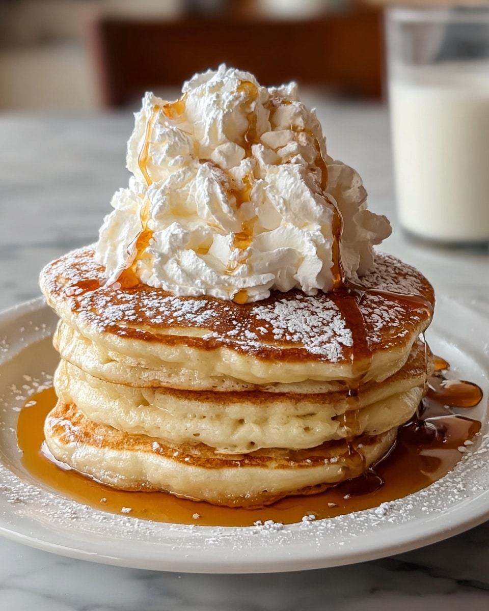 A stack of three thick, golden-brown pancakes sits on a white plate over a white marbled surface, each pancake fluffy with a slightly crisp edge and small air holes visible. The top pancake is dusted with white powdered sugar and topped with a generous mound of white whipped cream, dolloped in fluffy peaks. Drizzles of amber syrup cascade from the whipped cream down the sides of the pancake stack, pooling around the base on the plate. In the blurred background, a glass of milk is visible. photo taken with an iphone --ar 4:5 --v 7