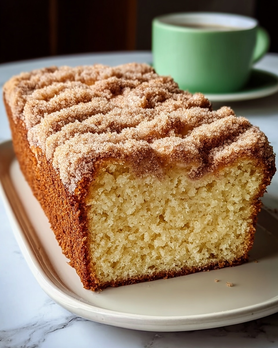 A rectangular soft cake with a light golden brown crust on the sides and a pale yellow, fluffy inside is shown. The top layer is thickly coated with a crumbly mix of granulated sugar and cinnamon, creating a rough texture with small clumps all over. The cake is cut to reveal a spongy and tender inside with tiny air pockets, and the top surface has deep ridges filled with the cinnamon sugar mixture. The cake is placed on a white plate on a white marbled surface with a blurred green cup in the background. Photo taken with an iphone --ar 4:5 --v 7