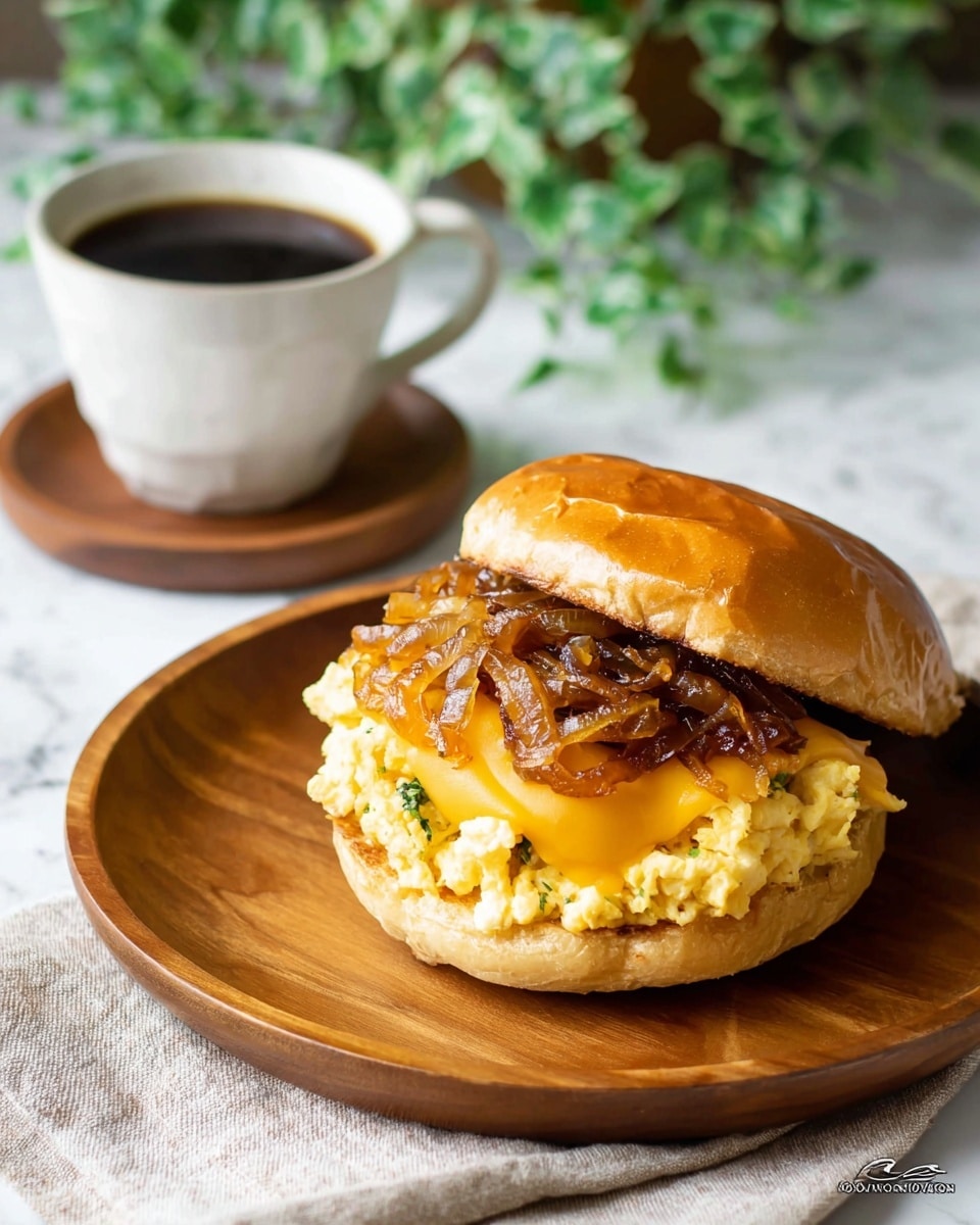 A sandwich with three layers is on a wooden plate placed on a light-colored cloth on a white marbled surface. The bottom layer is a soft brown toasted bun. The second layer is fluffy scrambled eggs with a pale yellow color and bits of green herbs. On top of the eggs, there is melted orange-yellow cheese that looks smooth and creamy. The top layer is caramelized onions that are golden brown and glossy, sitting under a golden brown shiny soft bun top. In the background, there is a white cup filled with black coffee on a wooden coaster, with some green leaves blurred behind. Photo taken with an iphone --ar 4:5 --v 7