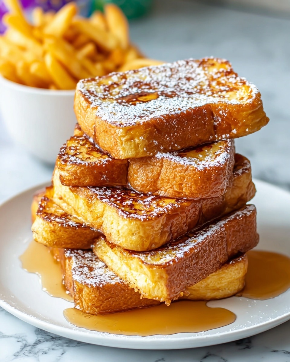 A stack of seven thick, golden-brown pieces of French toast sits on a white plate, each piece showing a crispy, slightly uneven browned surface with soft, fluffy edges. The top piece is dusted with powdered sugar, giving a light snowy effect, while a glossy syrup lightly coats the toast and pools slightly at the base. The plate rests on a wooden board against a white marbled background with blurred items softly visible in the back. photo taken with an iphone --ar 4:5 --v 7