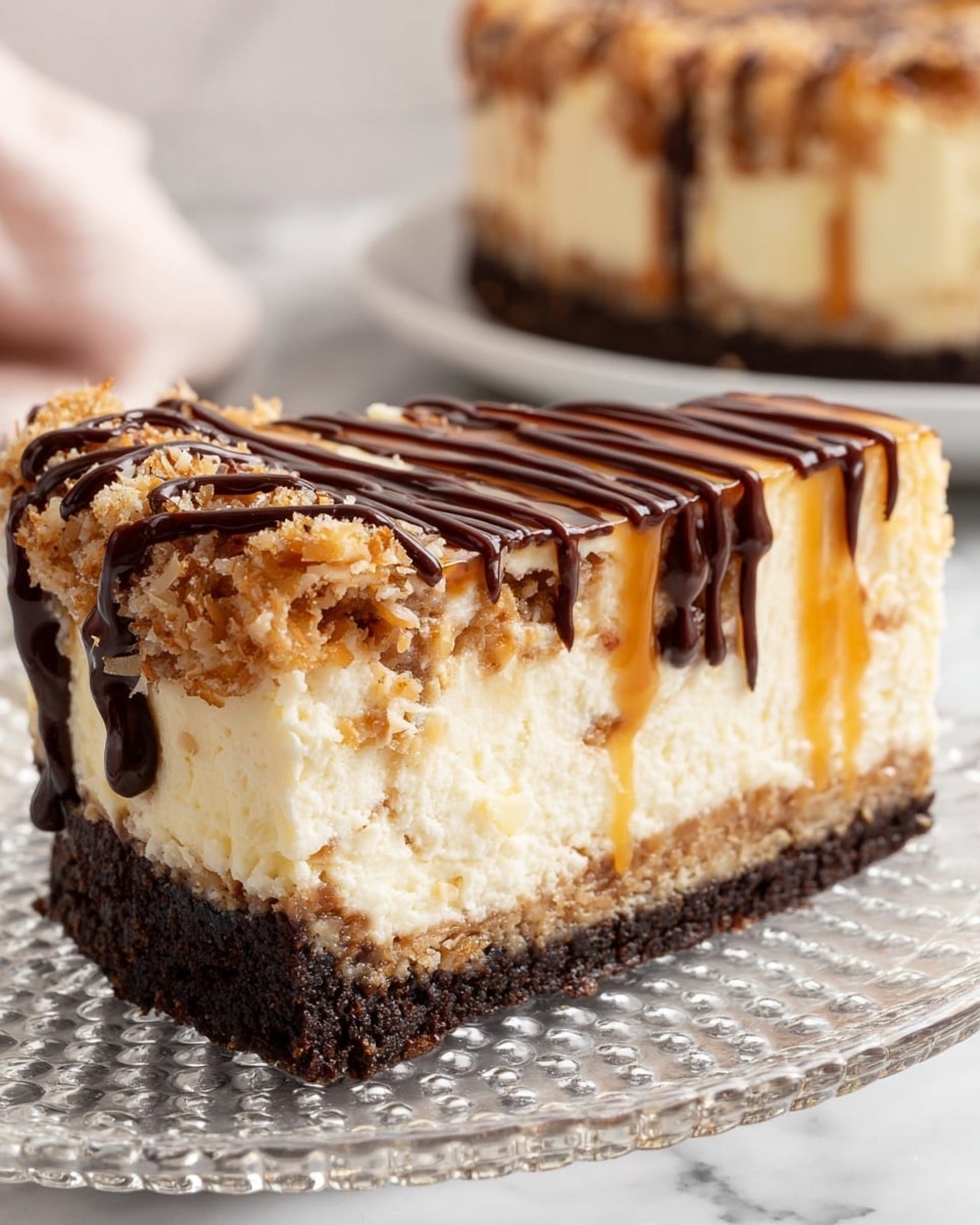 A slice of cheesecake with three clear layers is shown on a white plate. The bottom layer is a dark, crumbly chocolate crust with a rich black color and slightly rough texture. The middle layer is thick and creamy with a pale yellow color, smooth with faint swirls of caramel. The top layer is decorated with a drizzle of caramel sauce, small dark brown chocolate chips, and golden toasted coconut flakes scattered over the surface. The background shows the rest of the cheesecake with caramel dripping down the sides, sitting on a white marbled texture. Photo taken with an iphone --ar 4:5 --v 7