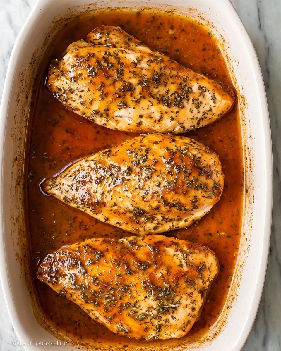 Three cooked chicken breasts covered in a glossy, brownish-orange sauce filled with specks of dried herbs are arranged inside a white baking dish. The chicken pieces are plump and slightly browned on the edges, and the sauce pools around and between them, making the dish look juicy and flavorful. The surface beneath the baking dish is a white marbled texture. photo taken with an iphone --ar 4:5 --v 7