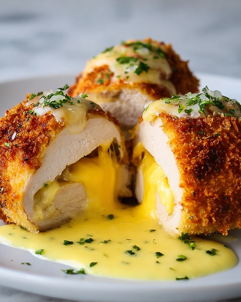 Two pieces of breaded chicken rolls cut in half are placed on a white plate over a white marbled texture. Each roll has a crispy, golden-brown outer layer with a few green herb bits on top. Inside, the chicken is white and tender, tightly wrapped around a gooey, melted yellow cheese layer. Creamy yellow sauce is poured over and around the chicken, with small green herb pieces sprinkled on the sauce and chicken. The scene is close-up, showing texture details vividly. photo taken with an iphone --ar 4:5 --v 7