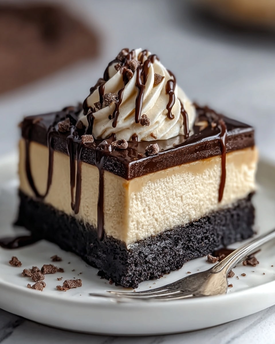 A square slice of dessert with three layers sits on a white plate over a white marbled surface. The bottom layer is dark brown and looks like a crumbly chocolate crust. Above it, a thick, creamy beige layer forms the middle, smooth and soft in texture. The top is a thin, glossy layer of dark chocolate. On top of this, a swirl of light cream is placed in the center, drizzled with thin lines of dark chocolate sauce and decorated with small chocolate pieces. A silver fork lies on the plate next to the dessert, with some chocolate crumbs and sauce near it. photo taken with an iphone --ar 4:5 --v 7