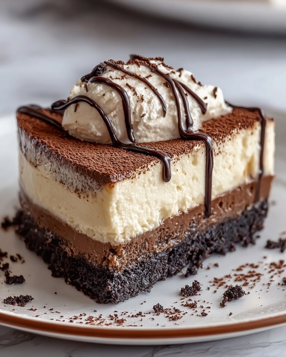 A slice of layered dessert sits on a white plate with a thin brown edge, placed on a white marbled surface. The bottom layer is a crumbly and dark chocolate crust. Above it is a thick, rich, and glossy dark chocolate layer. On top, there is a thick, creamy off-white mousse layer with a slightly textured surface. The top is dusted with fine cocoa powder giving a smooth brown finish. A generous dollop of light cream rests on the center of the slice, drizzled with dark chocolate sauce in a zigzag pattern. Crumbs of the crust are scattered lightly around the plate. Photo taken with an iphone --ar 4:5 --v 7