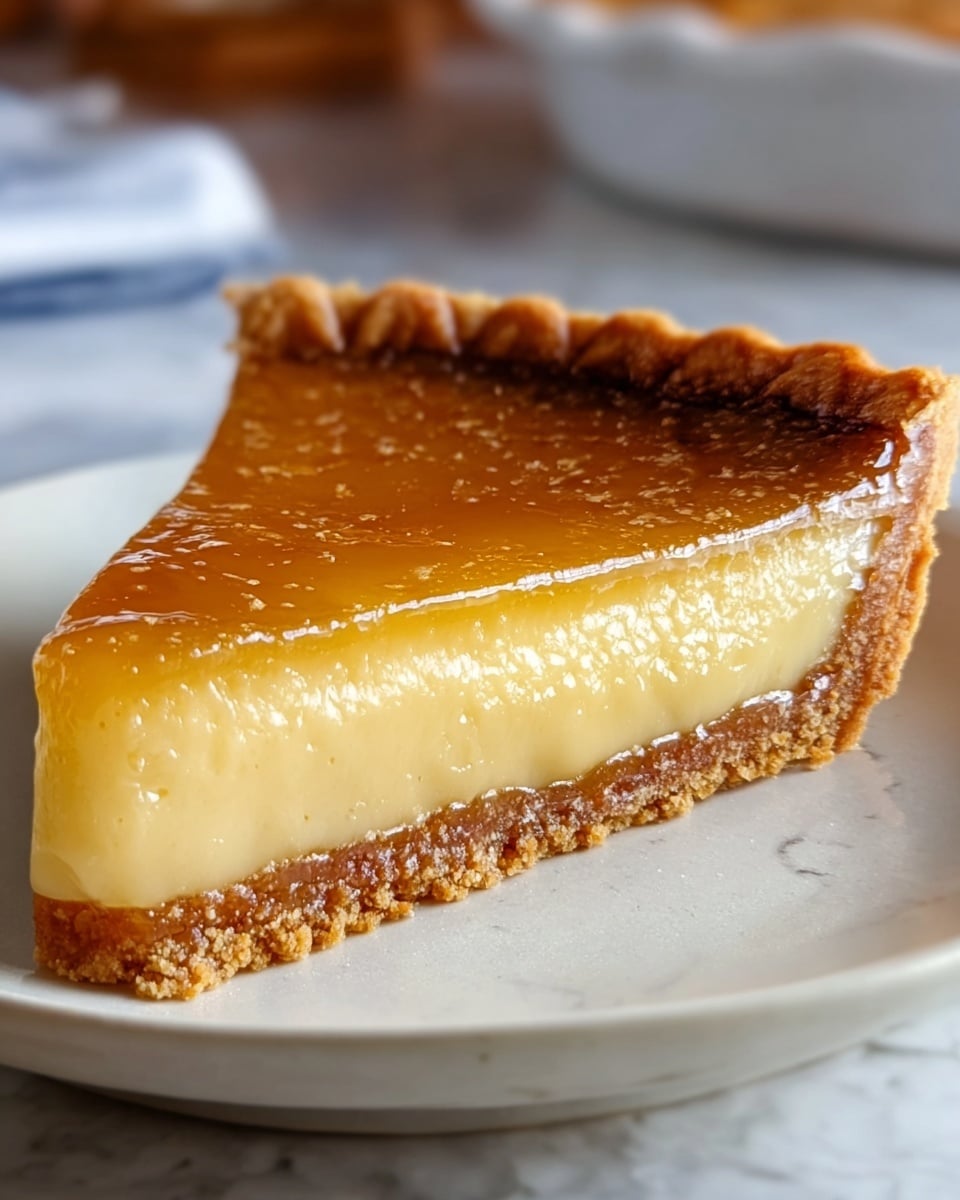 A slice of pie with three visible layers sits on a white plate on a white marbled texture surface. The bottom layer is a thin, golden brown crust, slightly crumbly in texture. Above it is a thick, smooth, pale yellow filling with a glossy surface, dense and creamy looking. The top layer is a shiny, amber-colored glaze with a slightly uneven texture, reflecting light softly. The edges of the crust are higher and crimped, creating a patterned rim around the slice. Photo taken with an iphone --ar 4:5 --v 7