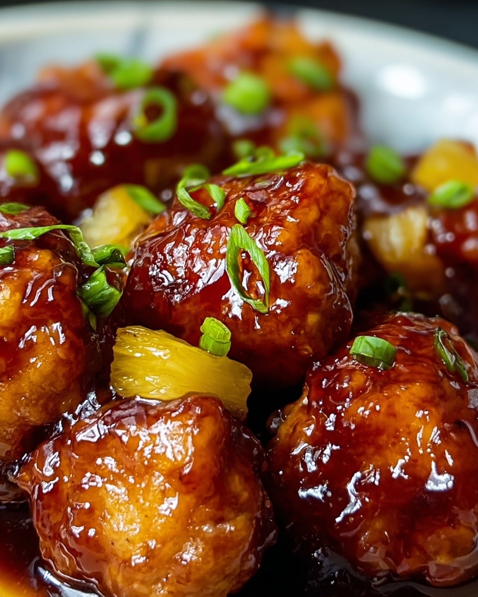 The close-up image shows several golden-brown, shiny glazed chicken pieces covered in a thick, sticky dark reddish-brown sauce with visible small bits of onion. The chicken pieces appear crispy underneath the glaze, giving a textured look. Small pieces of bright yellow pineapple and finely chopped green onions are scattered on and around the chicken, adding pops of color. The background is softly blurred, making the food the clear focus, set on a white marbled surface. photo taken with an iphone --ar 4:5 --v 7
