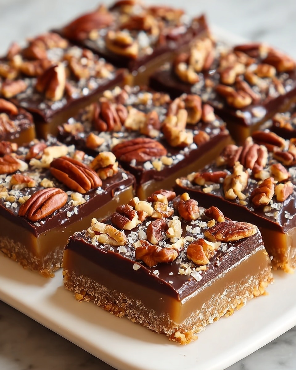 A close-up view of a dessert cut into equal square pieces inside a white rectangular baking pan, each piece topped with a shiny dark brown chocolate layer. Under the chocolate is a thick, light brown base that looks chewy and studded with small chocolate chips and chopped nuts. The chocolate topping is decorated with whole pecan halves, golden brown in color, placed evenly on each piece. Photo taken with an iphone --ar 4:5 --v 7