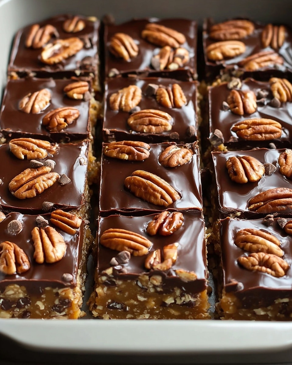 The image shows a set of nine square dessert bars arranged in three rows on a white tray. Each bar has three visible layers: a bottom crumbly light brown crust, a thick middle layer of shiny caramel, and a smooth dark chocolate topping sprinkled generously with whole and chopped pecans. The chocolate layer glistens and appears slightly glossy, giving a rich contrast to the textured nuts. The bars are neatly cut, showing clean edges and the distinct separation between layers. The tray is placed on a clean white marbled surface. photo taken with an iphone --ar 4:5 --v 7