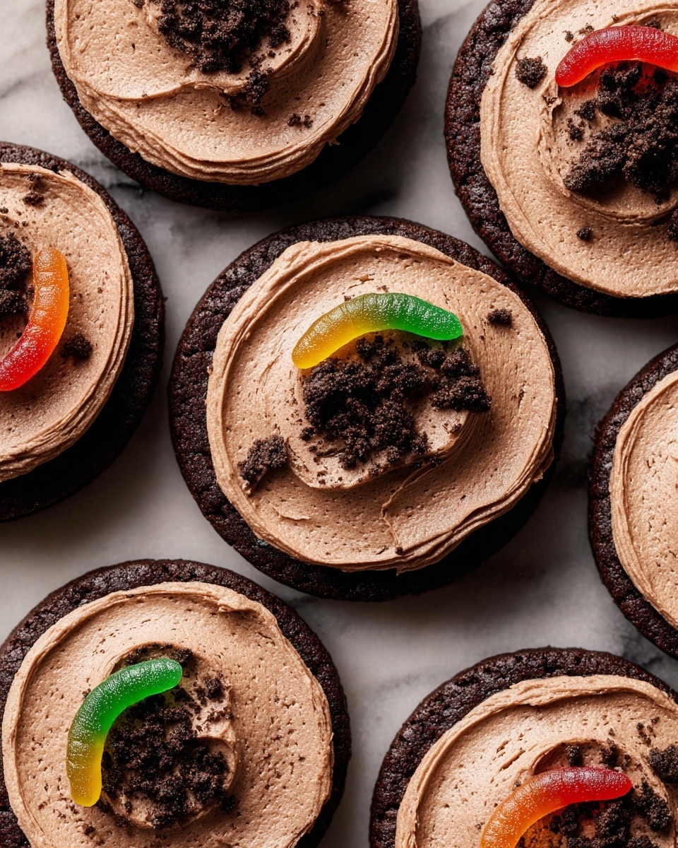 The image shows several chocolate cookies arranged closely on a white marbled texture. Each cookie is single-layered with a dark brown base and topped with a thick, creamy layer of smooth milk chocolate frosting spread in a circular motion. On top of the frosting, there are small crumbles of dark chocolate cookie pieces scattered evenly. Each cookie is decorated with one gummy worm placed near the center, with colors like red and green, or orange and yellow, adding a bright contrast to the brown tones. photo taken with an iphone --ar 4:5 --v 7