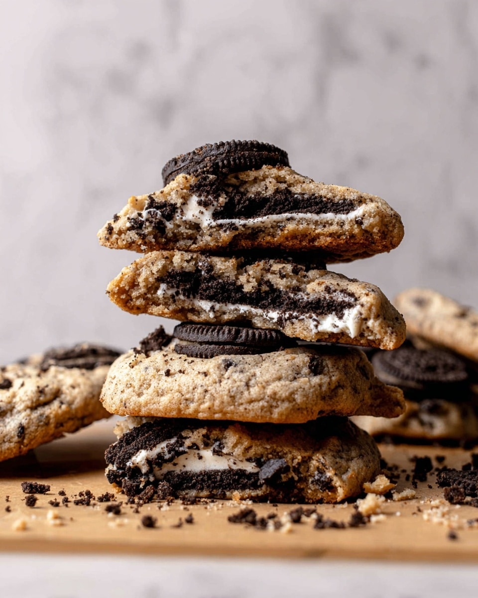 The image shows a stack of four cookies with a rough texture, each cookie broken in half to reveal the inside. The cookies are light brown with visible dark chocolate sandwich cookie pieces embedded, showing a mix of black and white cream fillings inside the cookies. The top cookie also has a mini chocolate sandwich cookie placed on it. The cookies rest on a sheet of brown parchment paper with scattered cookie crumbs around them, all set against a soft white marbled background. Photo taken with an iphone --ar 4:5 --v 7