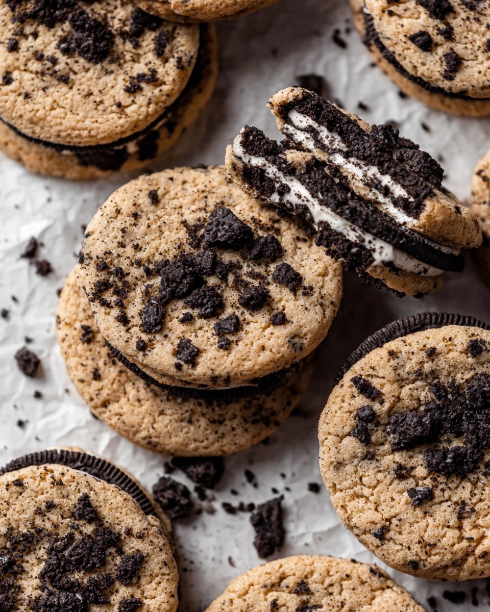 The image shows a close-up view of round cookies with a textured surface that looks soft and slightly crumbly. Each cookie is filled with visible chunks of dark chocolate sandwich cookies with creamy white filling, some pieces broken and mixed within the dough. The cookie dough is light brown with specks of darker cookie crumbs scattered throughout. The cookies are arranged closely together on crumpled parchment paper, which sits on a white marbled surface. Small cookie crumbs are scattered around, adding a natural and fresh look. photo taken with an iphone --ar 4:5 --v 7