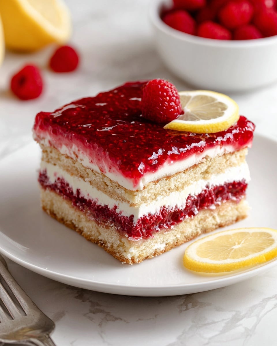 A square slice of layered raspberry dessert sits on a white plate, placed on a white marbled surface. The dessert has four layers: at the bottom is a light tan cake base, followed by a smooth white cream layer, then a bright red raspberry jam layer with visible seeds, topped with another layer of white cream, and finished with a thick, glossy raspberry jam spread on top. The dessert is garnished with a fresh raspberry and a thin lemon slice on the top corner. In the background, a small white bowl holds whole raspberries, and a single raspberry and lemon slice lay on the marble near the plate. Photo taken with an iphone --ar 4:5 --v 7