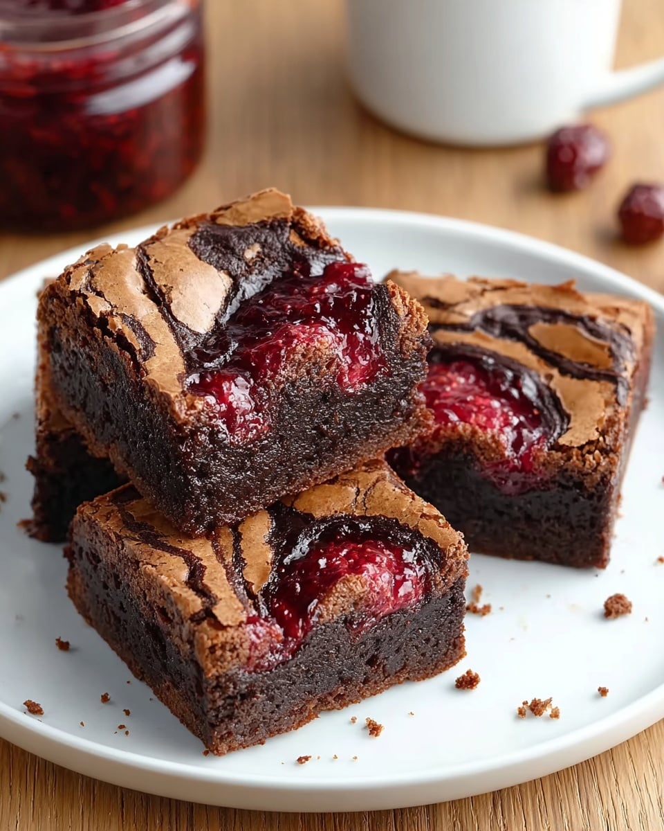 The image shows three square pieces of chocolate brownies on a white plate. Each brownie has two visible layers: a dark brown, dense, and fudgy base layer, and a top crust that is cracked and lighter brown with shiny spots. On the top crust, there are swirls of dark chocolate and bright red raspberry jam mixed in a wavy pattern, adding a touch of color and texture contrast. The plate sits on a wooden surface with some small crumbs scattered around the brownies. In the background, part of a white cup and a jar with red jam are visible. photo taken with an iphone --ar 4:5 --v 7