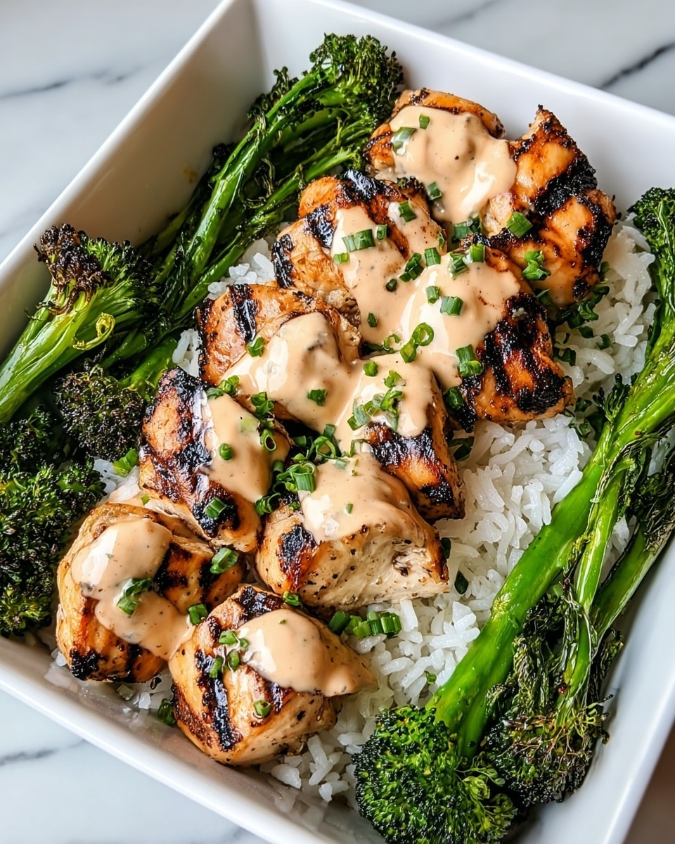 The dish shows grilled chicken pieces with char marks, arranged in two neat rows on a bed of white rice at the bottom layer. Bright green roasted broccoli florets with some slight charring surround the chicken on three sides, adding contrast to the plate. A creamy beige sauce with specks of herbs is drizzled over the chicken chunks. Small green herb pieces are sprinkled over the top for extra freshness. All food sits in a white square dish on a white marbled surface. photo taken with an iphone --ar 4:5 --v 7