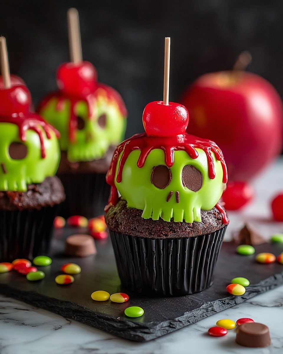 The image shows dark brown chocolate cupcakes in black liners on a black slate board placed on a white marbled surface. Each cupcake has three layers: a dark chocolate cake base, a shiny bright green skull-shaped fondant layer with hollow eyes and nose cutouts, and glossy red icing dripping down from the skull edges. On top of each skull is a small shiny red cherry held by a wooden stick. Around the cupcakes are scattered colorful red, green, and yellow round sprinkles and some chocolate decorations. A bright red apple is in the blurred background. Photo taken with an iphone --ar 4:5 --v 7
