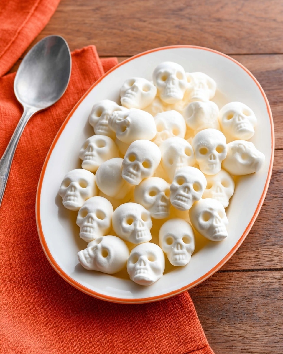 A white oval plate with an orange ring near the edge is filled with multiple small white skull-shaped meringues, each showing detailed eye sockets, nose holes, and teeth indentations. The skulls are piled up evenly, mostly facing upward and slightly tilted in different directions, showing a smooth and airy texture. The plate is placed on a wooden surface, partly covered with a folded bright orange cloth on one side, and a silver spoon is visible near the top left corner. photo taken with an iphone --ar 4:5 --v 7
