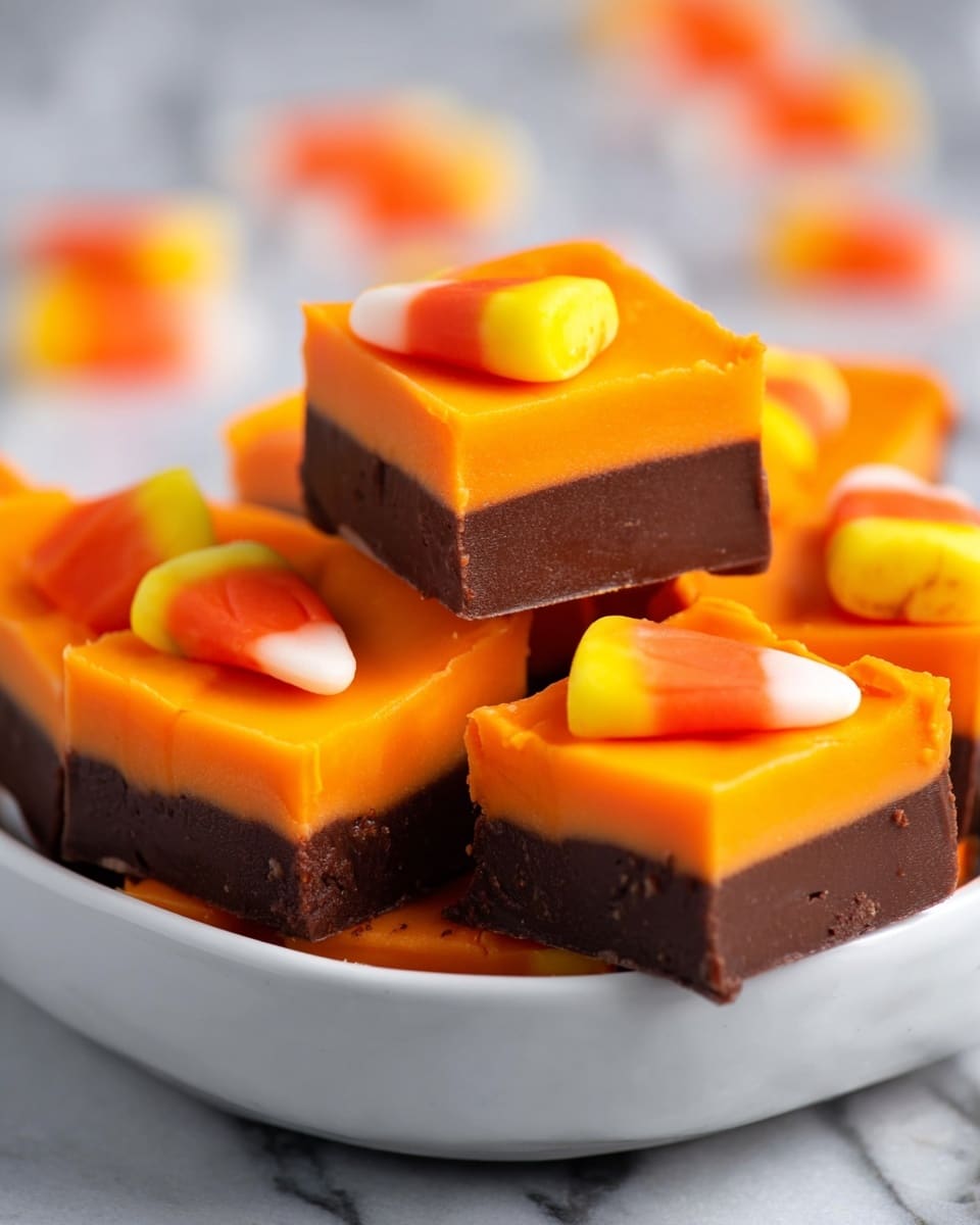 The image shows a stack of square fudge pieces arranged in a white bowl, each piece having two distinct layers. The bottom layer is thick and dark brown with a rich, smooth texture, while the top layer is bright orange, slightly glossy, and softer in appearance. Each square is topped with a small candy shaped like candy corn, featuring yellow at the base, orange in the middle, and white at the tip, nestled slightly into the orange layer. The background is a white marbled texture with blurred orange and white elements that match the candy corn colors. photo taken with an iphone --ar 4:5 --v 7
