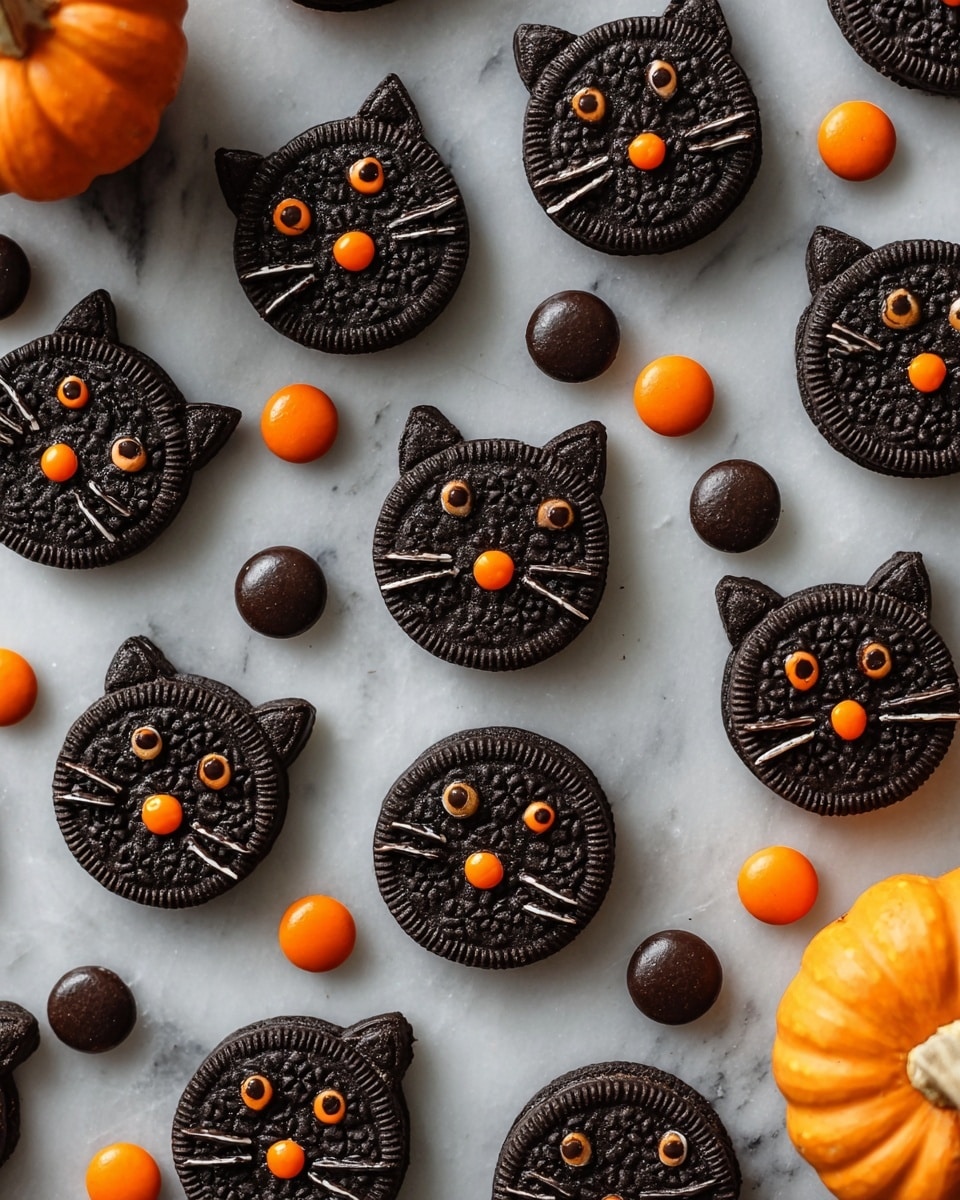 The image shows a group of dark chocolate sandwich cookies arranged on a white marbled surface. Most cookies are made into black cat faces, each with two orange round candies for eyes, a small round candy nose, and thin black whisker lines drawn from the nose outward. The cats have small, dark chocolate ears placed on top. Among the cat cookies, there are a few regular round chocolate and golden sandwich cookies decorated simply with orange candies on top. Small orange and dark brown round candies are scattered around the cookies. Two small orange pumpkins are placed in the top left and top right corners of the image. Photo taken with an iphone --ar 4:5 --v 7