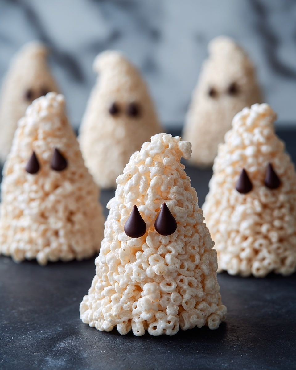 The image shows several ghost-shaped treats made from puffed cereal mixed with a white marshmallow coating, giving them a bumpy texture. Each ghost is roughly cone-shaped with a pointed top that curves slightly to one side. On the front, two small, dark chocolate teardrop shapes are placed close together to form eyes. The treats are arranged on a smooth black surface with a white marbled texture in the background. The focus is on the nearest ghost in the front center, while the others fade softly into the background. photo taken with an iphone --ar 4:5 --v 7