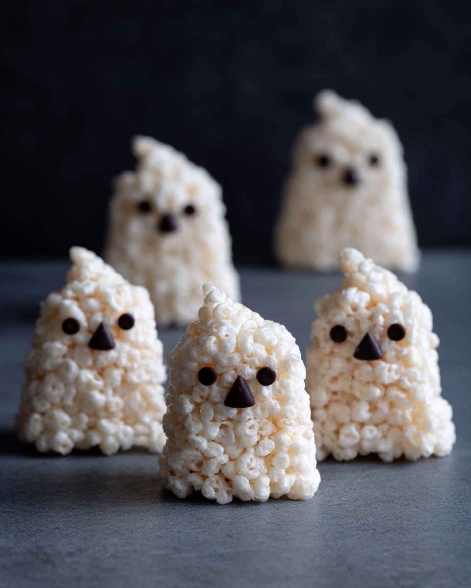 Five small ghost-shaped treats made from white puffed cereal mixed with marshmallow, each having a pointed top curved slightly to one side and two small, dark chocolate teardrop shapes for eyes on the front. The texture of each treat is bumpy and sticky, showing the puffed cereal clumps. They are arranged on a smooth dark surface with three treats forming the back row and two in the front, all evenly spaced. The background is plain and dark, helping the white treats stand out clearly. photo taken with an iphone --ar 4:5 --v 7