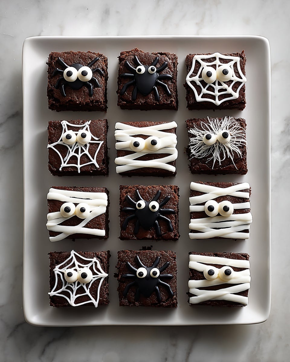 A white square plate holds sixteen small square brownies arranged neatly in a 4x4 grid on a white marbled surface. Each brownie is decorated with one of three Halloween themes: black spider shapes with eight legs and two large white candy eyes on top; white spiderweb patterns drawn with thin icing covering the surface; or mummy designs with thin white fondant strips wrapped around and two round candy eyes peeking through. The brownies have a rich dark brown color and a slightly rough texture on the edges, while the decorations are smooth and glossy. photo taken with an iphone --ar 4:5 --v 7
