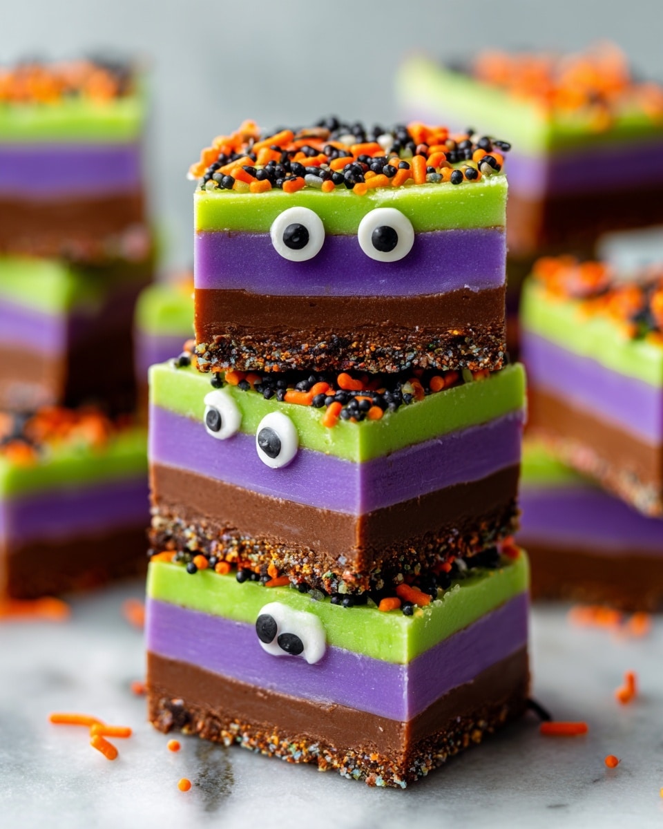The image shows five square pieces of colorful fudge stacked on a white marble surface. Each piece has three visible layers: a thick bottom layer of smooth brown chocolate, a middle layer of smooth purple, and a top layer of bright green with textured purple swirls. On top of each fudge square, there are two large candy eyes and orange, black, and green sprinkles scattered around and stuck on the surface. The edges of the fudge pieces are clean, and the overall look is playful and bright. Photo taken with an iphone --ar 4:5 --v 7