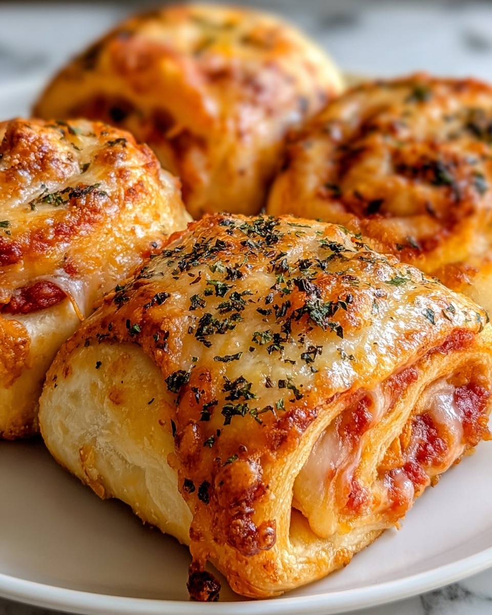 The image shows a close-up of three golden brown pizza rolls on a white plate, placed on a white marbled surface. Each roll has a flaky, puffed crust with melted, bubbly cheese on top, browned in spots to a rich golden color. The top layer is sprinkled with dried herbs, adding a speckled green and black texture. Inside, the rolls reveal a glimpse of a red tomato sauce filling mixed with melted cheese peeking out from the edges. The rolls are thick with two or three visible layers of soft dough, and the cheese layer on top is glossy and slightly crispy. Photo taken with an iphone --ar 4:5 --v 7