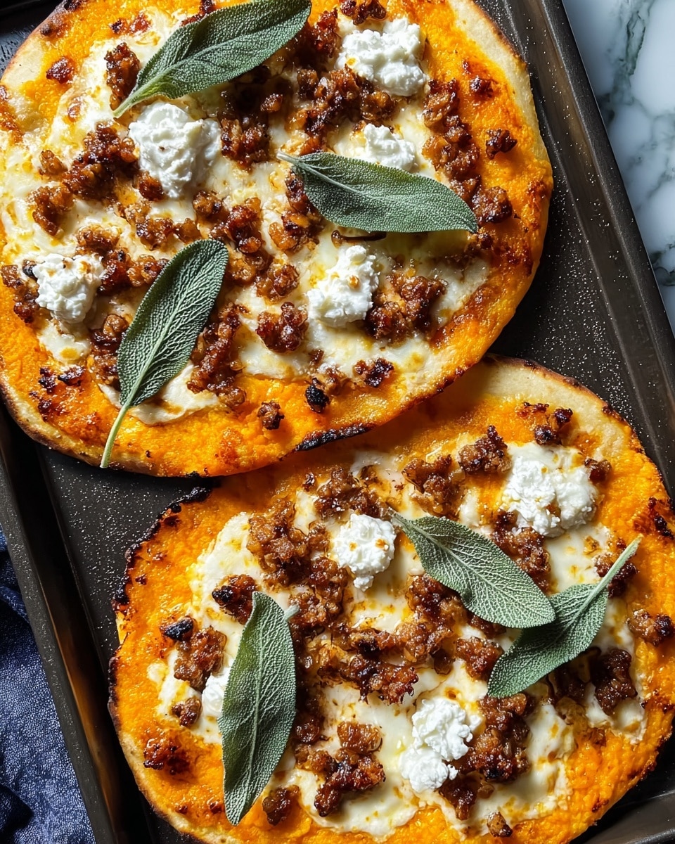 Two round pizzas with golden-brown crispy edges rest on a dark baking tray. The base layer is a bright orange sauce spread evenly, topped with melted creamy white cheese with scattered browned spots. On top, crumbled cooked sausage in small clusters covers the surface, with a few small dollops of soft white ricotta cheese placed on each pizza. Large fresh green sage leaves are arranged on top, adding a fresh contrast. The background is a white marbled surface. Photo taken with an iphone --ar 4:5 --v 7