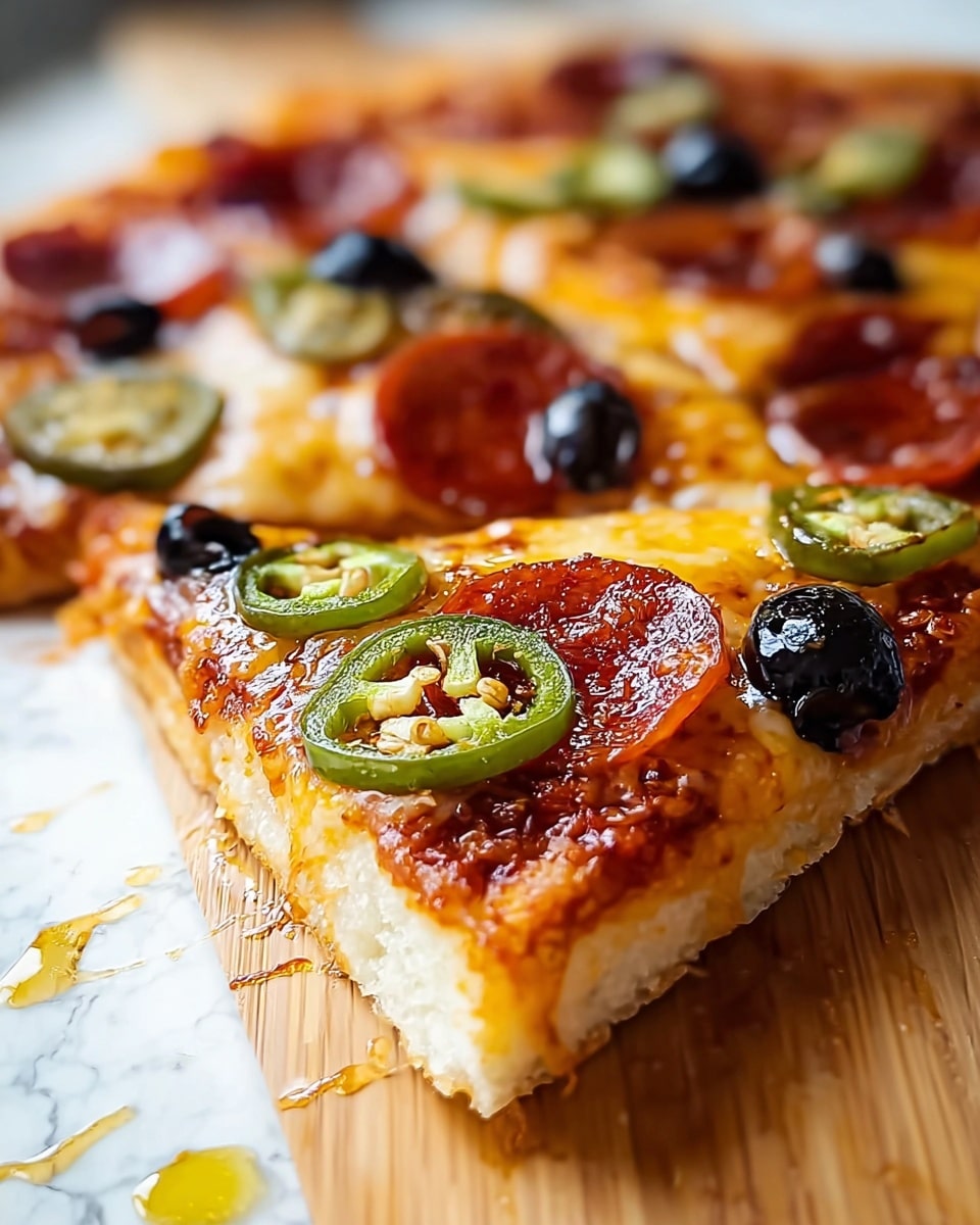 A close-up of a single slice of pizza resting on a wooden board with a white marbled background. The pizza has three clear layers: a golden-brown crust base, a thick layer of melted and slightly browned cheese, and toppings on top including shiny, reddish-brown pepperoni slices, glossy dark black olives, and vibrant green jalapeño slices with visible seeds. The cheese stretches slightly at the slice's edge and there is a drizzle of golden oil on the board near the slice. The overall look is warm, glossy, and textured with melting cheese and fresh toppings. Photo taken with an iphone --ar 4:5 --v 7