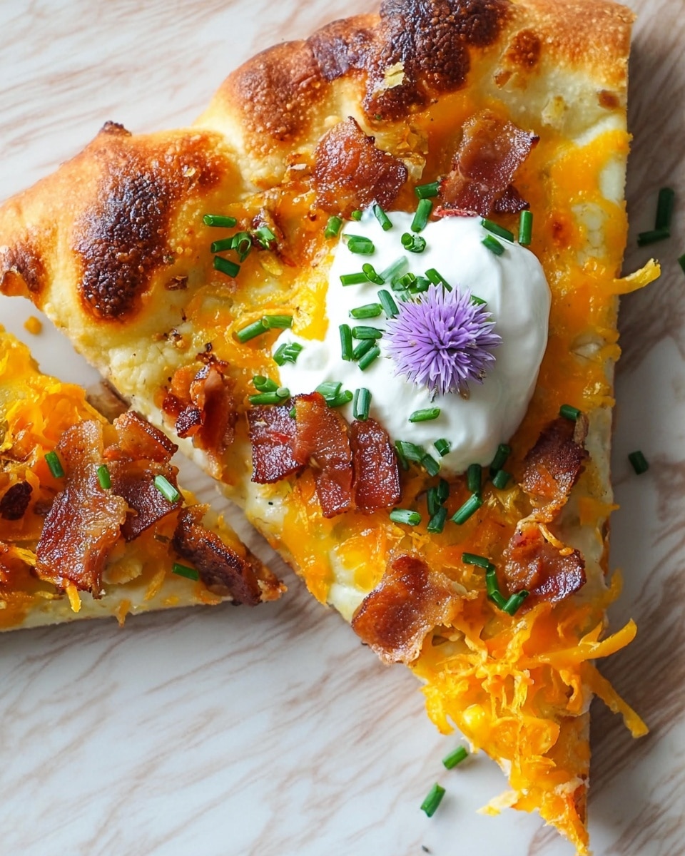 A close-up of a single slice of pizza resting on a white marbled surface, showing three main layers: the golden-browned crust with a slightly burnt bubble on one edge, a melted orange cheddar cheese layer spread evenly across the slice, and toppings including crispy bacon pieces, shredded cheddar cheese, and a dollop of white sour cream in the center. Small chopped green chives are scattered on top, adding contrast, while a small purple flower sits delicately on the sour cream. photo taken with an iphone --ar 4:5 --v 7
