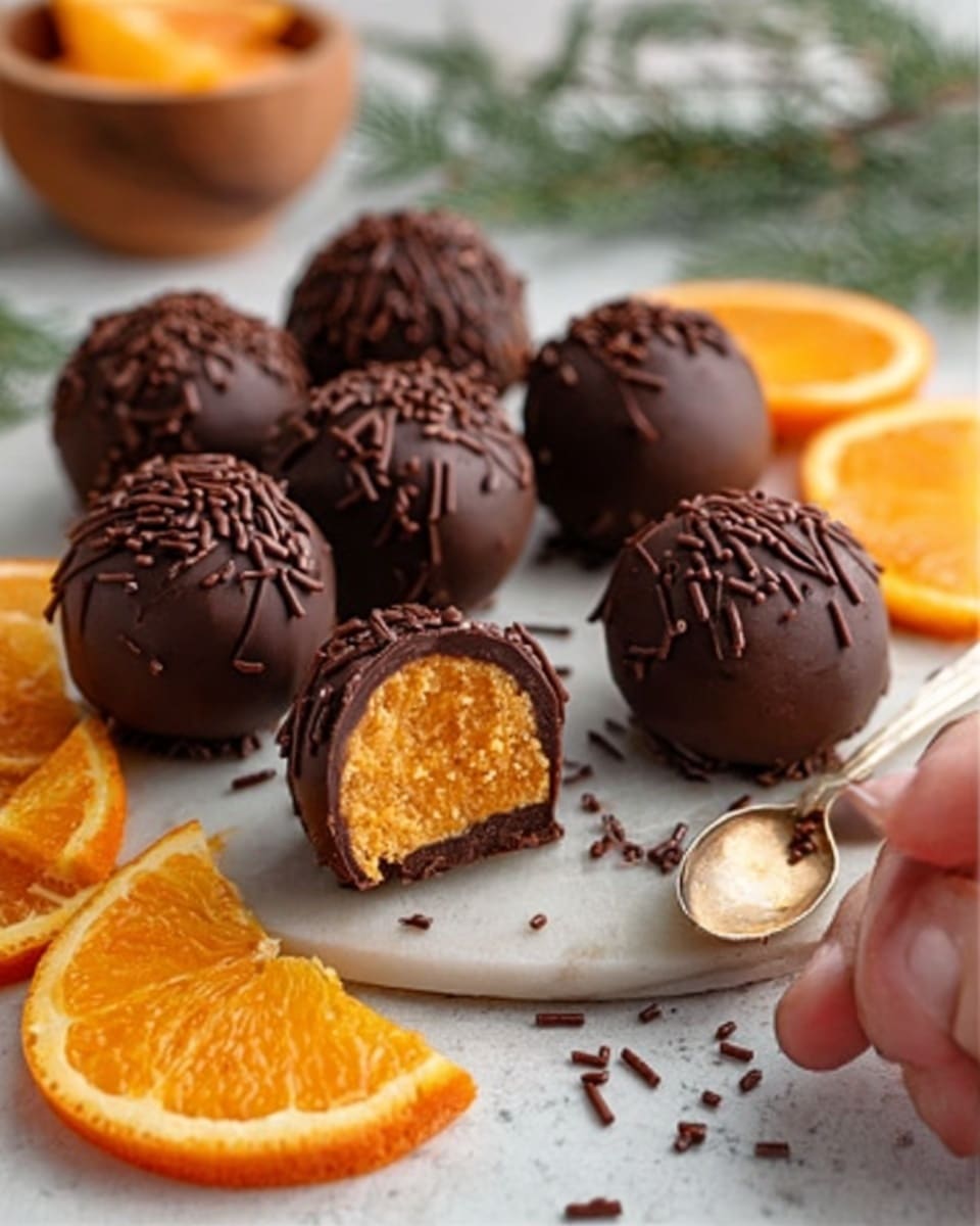 The image shows a small white bowl filled with round chocolate truffles covered in fine cocoa powder. The truffles are stacked in layers, with a few touching the edge of the bowl. The bowl sits on a delicate lace cloth placed over a white marbled surface. In the background, there are two whole oranges and one orange cut in half, adding a bright contrast to the dark truffles. The overall look is warm and inviting, with a close focus on the textured, powdery surface of the truffles. Photo taken with an iphone --ar 4:5 --v 7