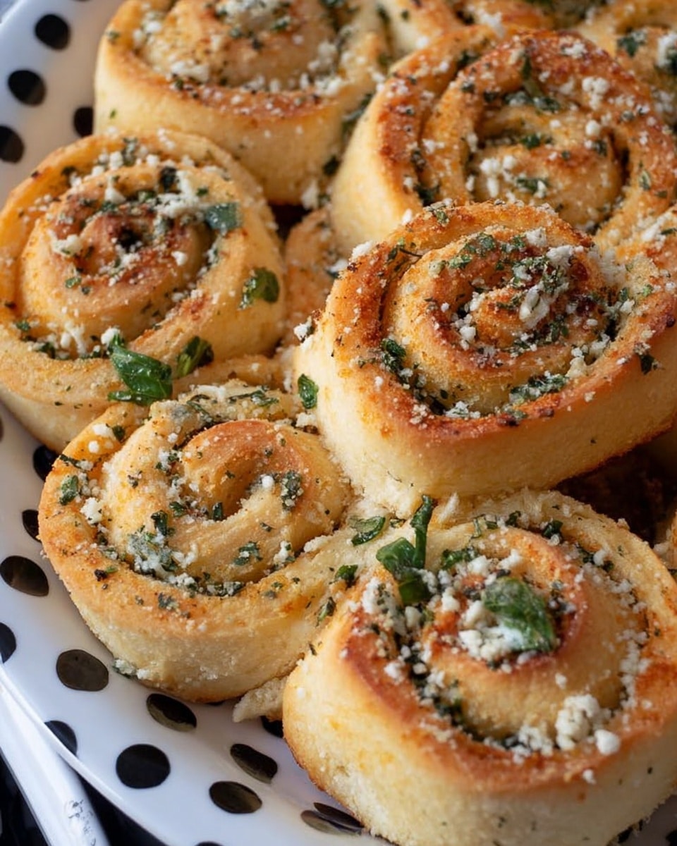 A close-up view of soft, golden brown spiral rolls arranged tightly in a white plate with black polka dots. Each roll has visible layers starting with a light fluffy dough base, swirling with darker brown, slightly crispy edges from baking. Green herbs are spread evenly throughout the spirals, adding flecks of freshness and color, while a dusting of fine white cheese or seasoning tops each roll. The texture looks airy and light with a slightly crusty top, and small bits of parsley or herbs are scattered on and around the rolls. The rolls are baked closely together so their sides touch, highlighting a soft, pillowy texture underneath. Photo taken with an iphone --ar 4:5 --v 7