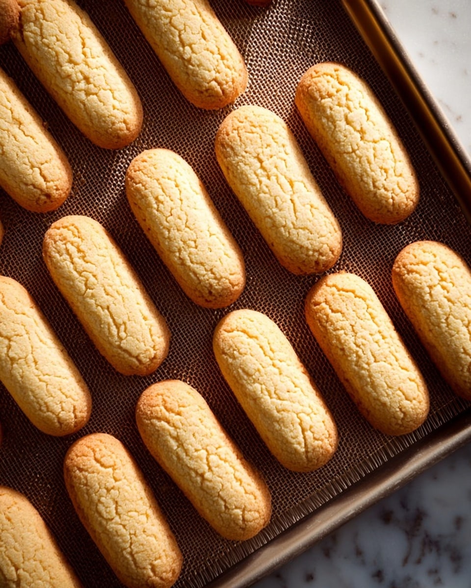 The image shows a baking sheet covered with multiple ladyfinger biscuits arranged in neat rows. Each ladyfinger is oblong and light golden brown with a slightly rough, cracked texture on top. The baking sheet has a grid pattern beneath the biscuits, and the whole scene is set on a white marbled surface. The lighting highlights the soft, airy texture of the ladyfingers, making them look fresh and delicate. photo taken with an iphone --ar 4:5 --v 7