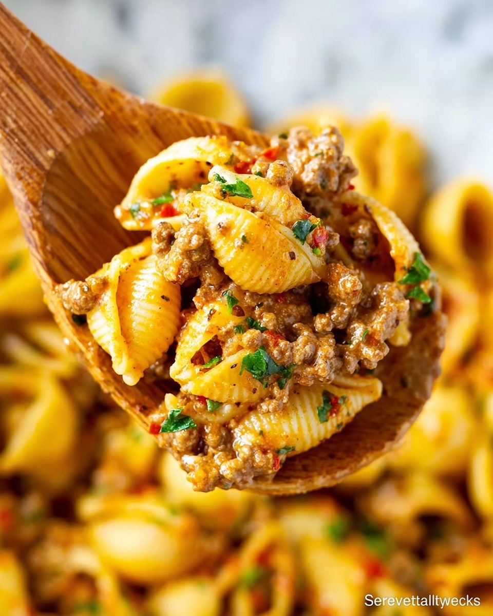 A close-up view of yellow pasta shells mixed with a creamy ground meat sauce, speckled with small pieces of green herbs, held on a wooden spoon above more pasta shells in the background, all set against a white marbled texture. The pasta shells have a smooth, curved texture, and the meat sauce coating them looks rich and slightly chunky, with bits of red pepper visible. photo taken with an iphone --ar 4:5 --v 7