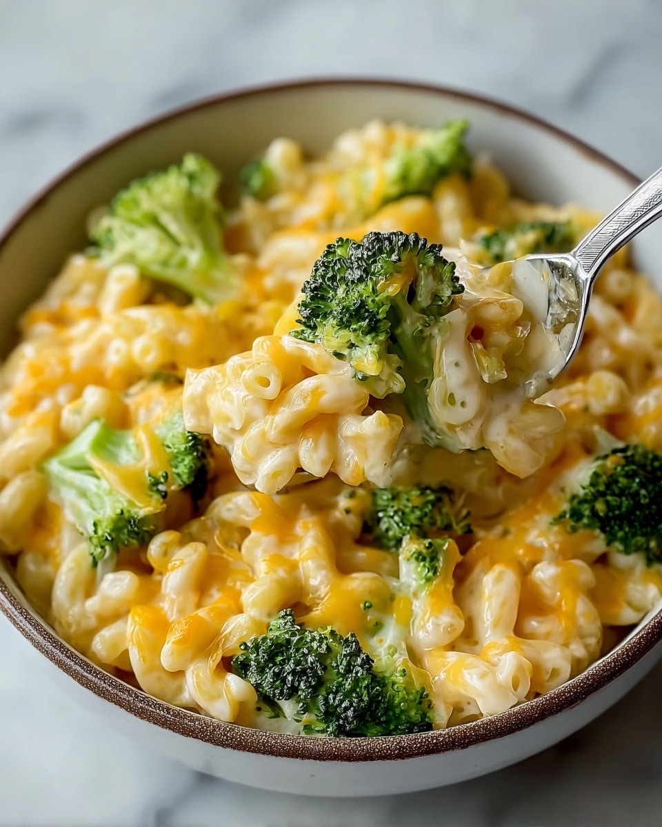 The dish shows a close-up of a bowl filled with creamy macaroni and cheese mixed with bright green broccoli florets. The bottom layer is soft, small pasta shapes covered in melted yellow-orange cheese sauce with smooth and slightly glossy texture. Scattered on top and mixed inside are vibrant, textured broccoli pieces with a fresh, crispy look. A silver spoon holds a forkful of pasta and broccoli, showing the texture and creaminess of the dish. The bowl is white with a thin brown rim and is set on a white marbled surface. Photo taken with an iphone --ar 4:5 --v 7