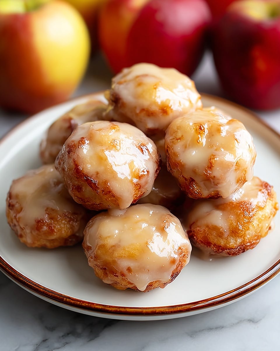Seven small round fritters with a golden brown, crispy texture are stacked on a white plate with a thin brown rim. Each fritter is covered with a smooth, light beige glaze that glistens in the light, creating a shiny top layer. The fritters have a slightly uneven, homemade look with bits of apple peeking through the glaze. The background shows a white marbled texture and blurred red and yellow apples are visible behind the plate. photo taken with an iphone --ar 4:5 --v 7