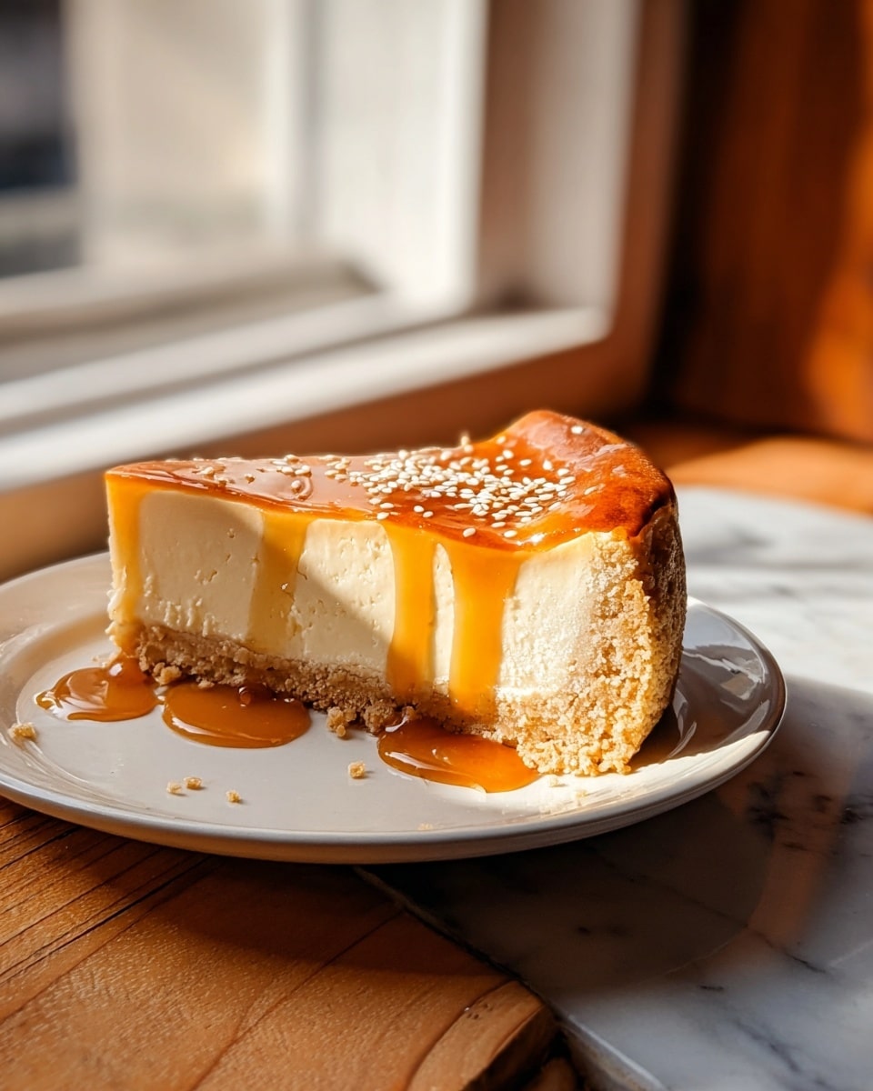 A slice of creamy cheesecake with smooth, light beige filling sits on a white plate, revealing a thick and crumbly golden-brown crust at the base and edges. The top layer is covered by a glossy amber caramel sauce that gently drips over the side of the slice, catching the light. Small white sesame seeds are scattered on the caramel, adding texture and contrast. The plate rests on a wooden surface near a window, and soft daylight highlights the rich colors and textures against a white marbled background. photo taken with an iphone --ar 4:5 --v 7
