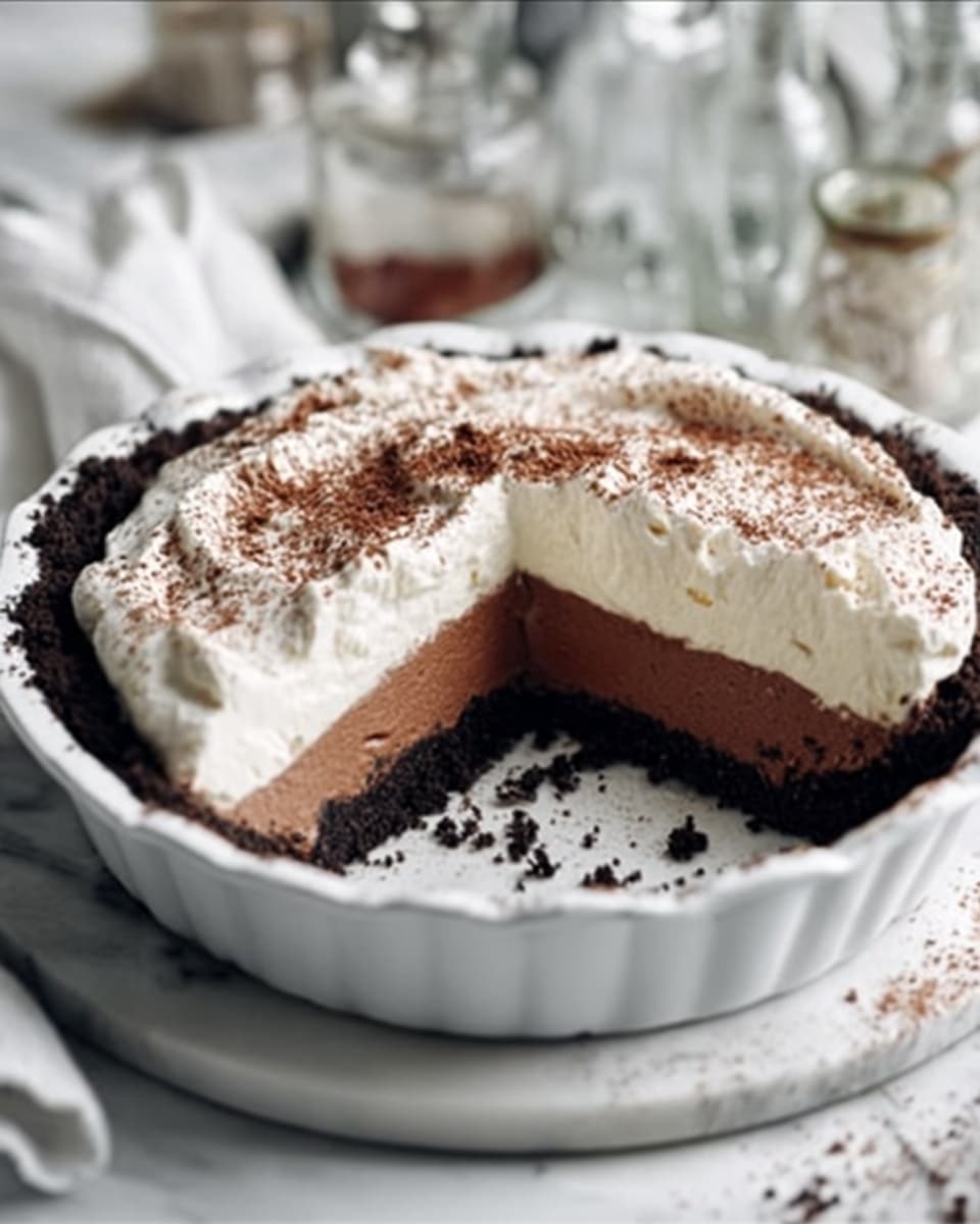 A round pie with three visible layers sits in a white pie dish on a white marbled surface. The bottom layer is dark and crumbly, like a chocolate cookie crust. Above it is a smooth, thick middle layer of milk chocolate, creamy and even. The top layer is a thick, fluffy white cream spread evenly with light brown cocoa powder sprinkled on top. Part of the pie is missing, showing the clean cuts between the layers. In the background, there are blurred items like glass bottles and a white cloth. Photo taken with an iphone --ar 4:5 --v 7
