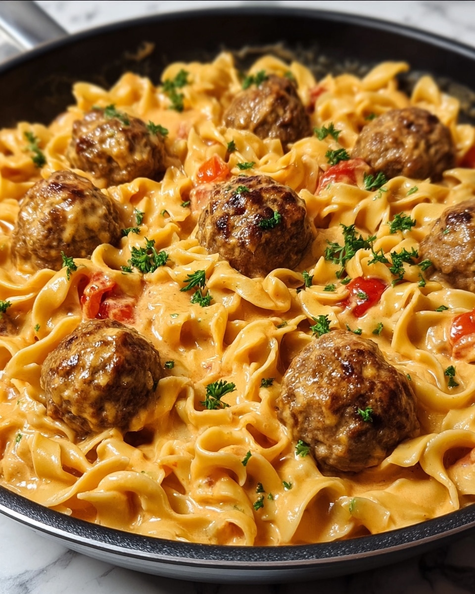 The dish shows a close-up of curly egg noodles coated with a creamy, orange-tinted sauce mixed with small red tomato pieces, spread evenly on the bottom layer. On top of the noodles, there are about eight brown, round meatballs scattered across, each covered slightly with sauce, giving a glossy look. Small green parsley leaves are sprinkled over the noodles and meatballs, adding a touch of fresh color. The food is served in a black pan against a white marbled surface. photo taken with an iphone --ar 4:5 --v 7