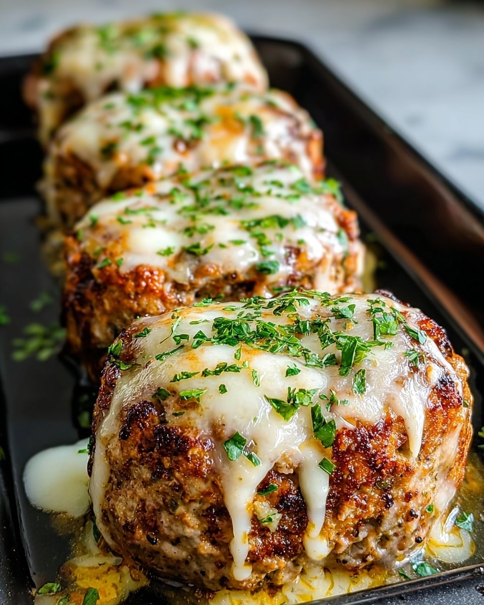 Four golden brown baked meatloaf minis are lined up on a black baking pan, each topped with a melted layer of white cheese that is slightly browned and bubbly, sprinkled with chopped fresh green herbs. The meatloaf has a browned, crispy outer crust with a texture that shows seasoning and bits inside. The cheese drips gently down the sides, adding gloss and creaminess to the rough meat texture. The black baking pan rests on a white marbled surface, and there is soft light highlighting the moist and rich appearance of the meatloaf. photo taken with an iphone --ar 4:5 --v 7