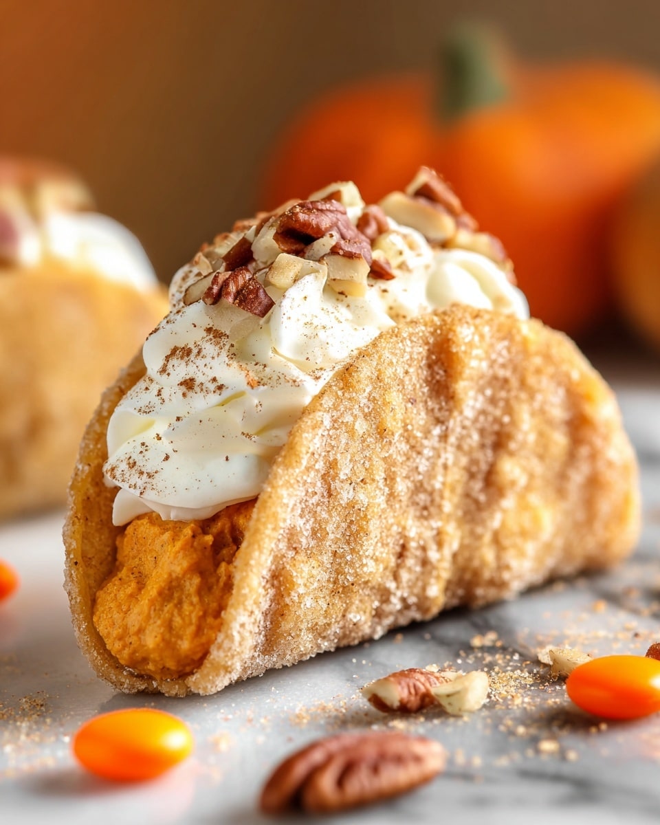 A close-up of a single dessert taco stands on a white marbled surface, showing three main layers. The bottom layer is a golden-brown, sugar-coated crispy shell with a rough, crunchy texture. Inside, there is a thick, creamy orange pumpkin filling, smooth and slightly ridged. On top, a dollop of white whipped cream is sprinkled lightly with cinnamon powder and chopped pecans, adding texture and color contrast. Around the taco, bits of chopped pecans and small orange pumpkin-shaped candies are scattered, enhancing the autumn feel. The background is softly blurred with warm tones, making the taco the main focus. photo taken with an iphone --ar 4:5 --v 7