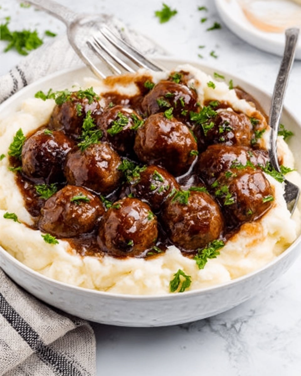 A white bowl filled with a base layer of creamy mashed potatoes that look smooth and soft, topped with a generous layer of brown meatballs covered in a dark brown sauce. The meatballs are garnished with small green parsley pieces scattered on top. A silver fork is resting on the side of the bowl, and the whole dish is placed on a white marbled surface. photo taken with an iphone --ar 4:5 --v 7