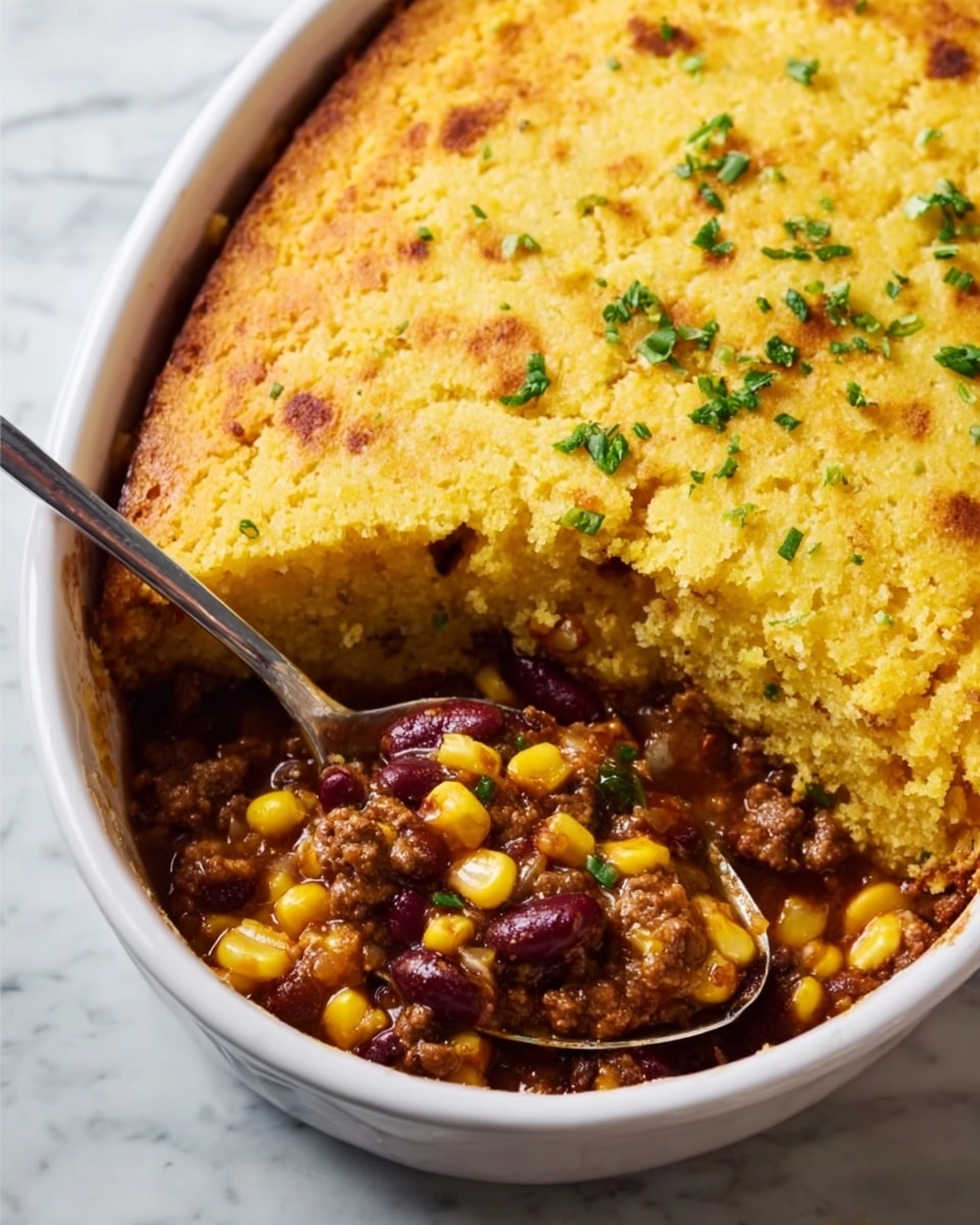 The dish is a white oval casserole filled with a two-layer meal. The top layer is thick, golden-yellow cornbread with a slightly crispy and browned edge, speckled with small bits of corn, and sprinkled with small green chopped herbs. The bottom layer is a mix of dark red kidney beans, bright yellow corn kernels, and cooked ground beef in a rich brown sauce. A spoon is scooping into the casserole from the right side, showing the textured mixture underneath the cornbread. The casserole sits on a white marbled surface. Photo taken with an iphone --ar 4:5 --v 7