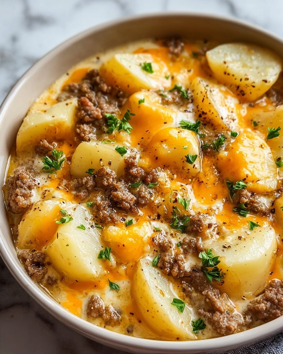 A close-up view of a bowl filled with a creamy dish consisting of three main layers: large pieces of light yellow potatoes at the bottom, a layer of browned ground meat scattered evenly in the middle, and melted cheese on top with a glossy orange and white mix. The cheese layer is sprinkled with small green parsley leaves and a dusting of black pepper, adding color and texture contrast. The bowl is round and white, sitting on a surface with a white marbled texture. photo taken with an iphone --ar 4:5 --v 7