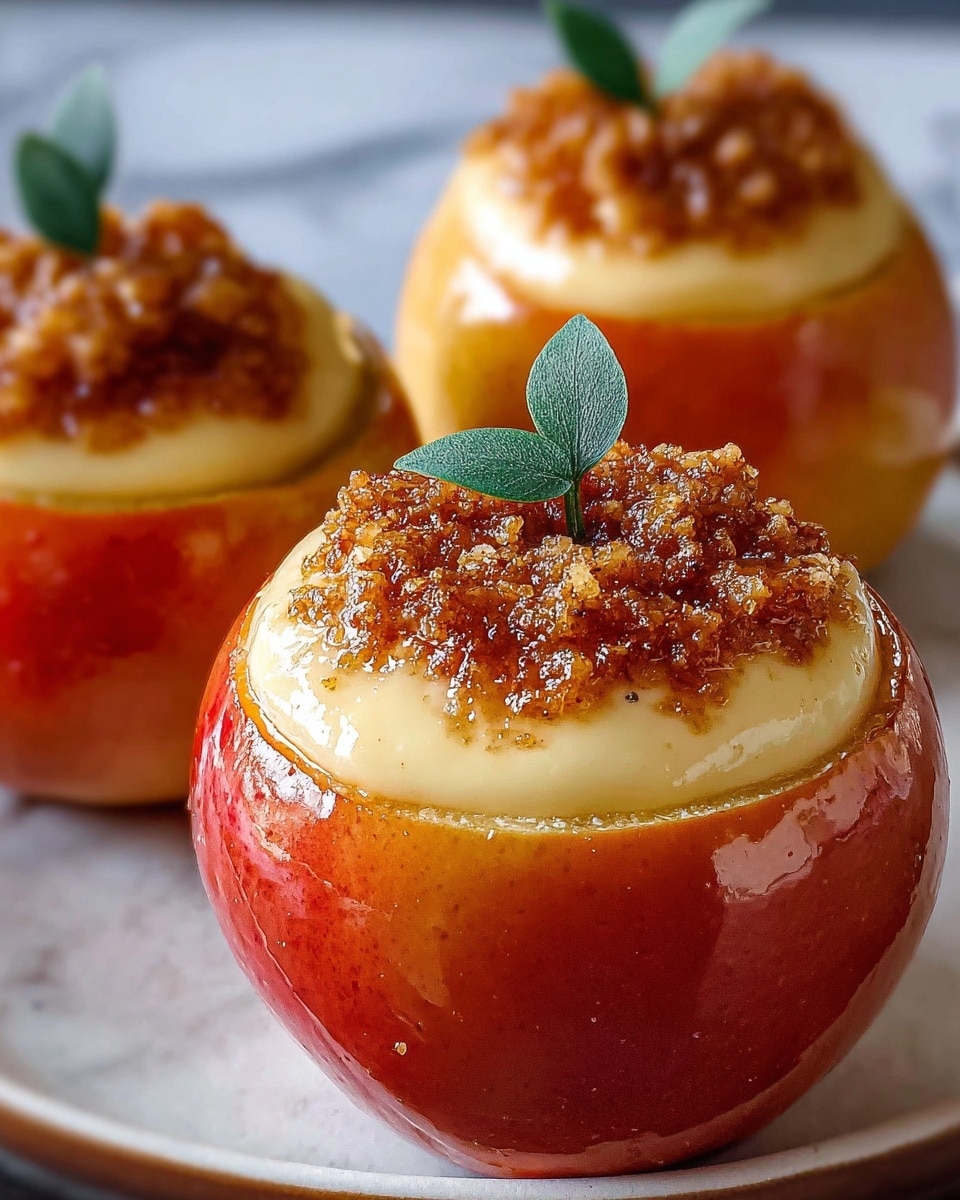 The image shows three baked apples with a shiny red and yellow skin, each hollowed out and filled with a creamy, pale yellow custard-like filling. On top of the custard, there is a layer of brown, crumbly streusel with a slightly caramelized texture that glistens under the light. The closest apple is garnished with a single small green leaf standing upright in the center. All the apples are placed on a white plate with a subtle marbled texture. The background also shows a white marbled surface, softly blurred. Photo taken with an iphone --ar 4:5 --v 7